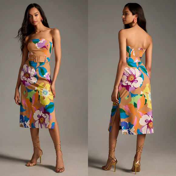 Anthropologie Maeve Strapless Floral Belted Dress Botanical - Picture 1 of 12